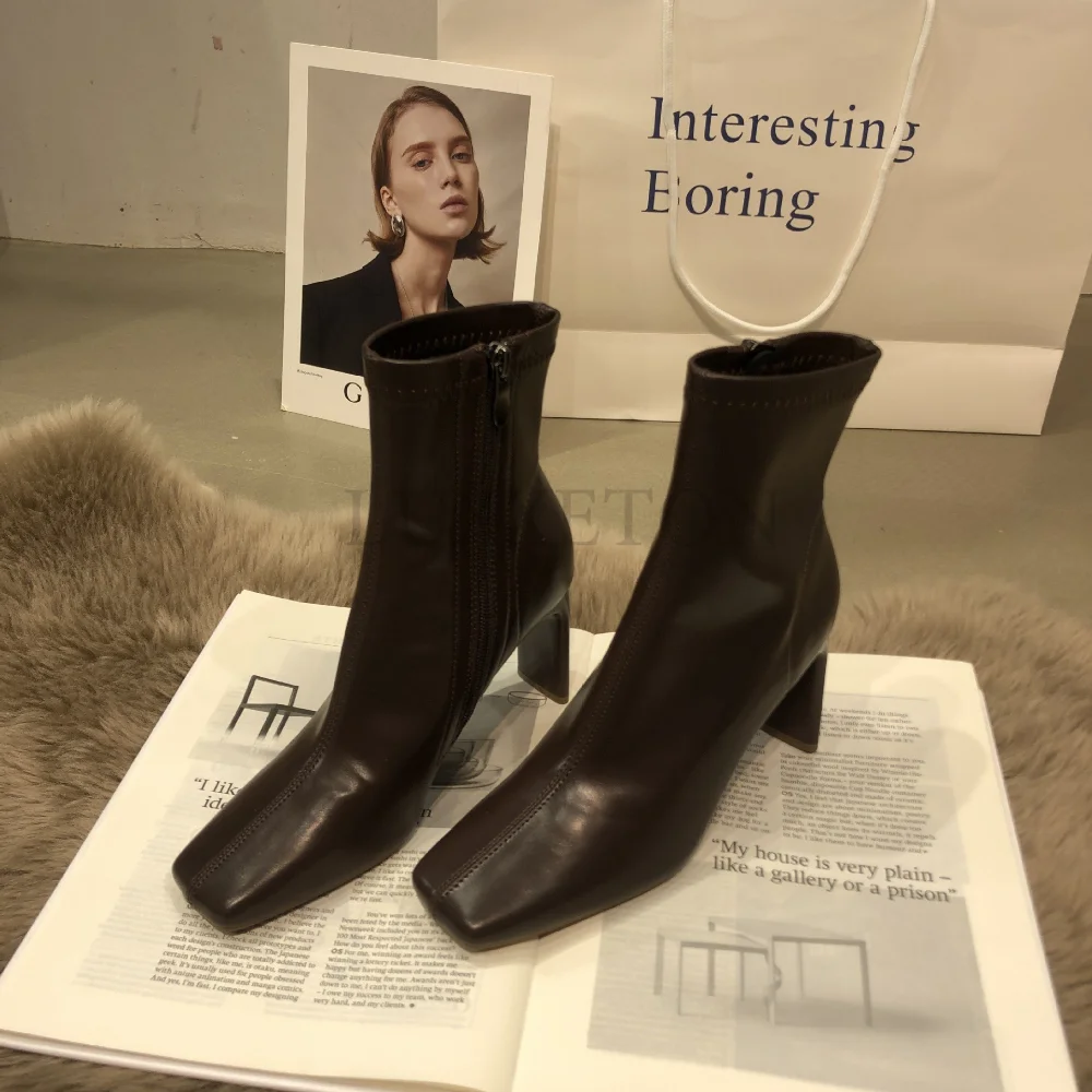 New Soft Peather Leather Women Ankle Boots Fashion Ladies Square High Heel Zipper Chelsea Short Boots Dress Pumps