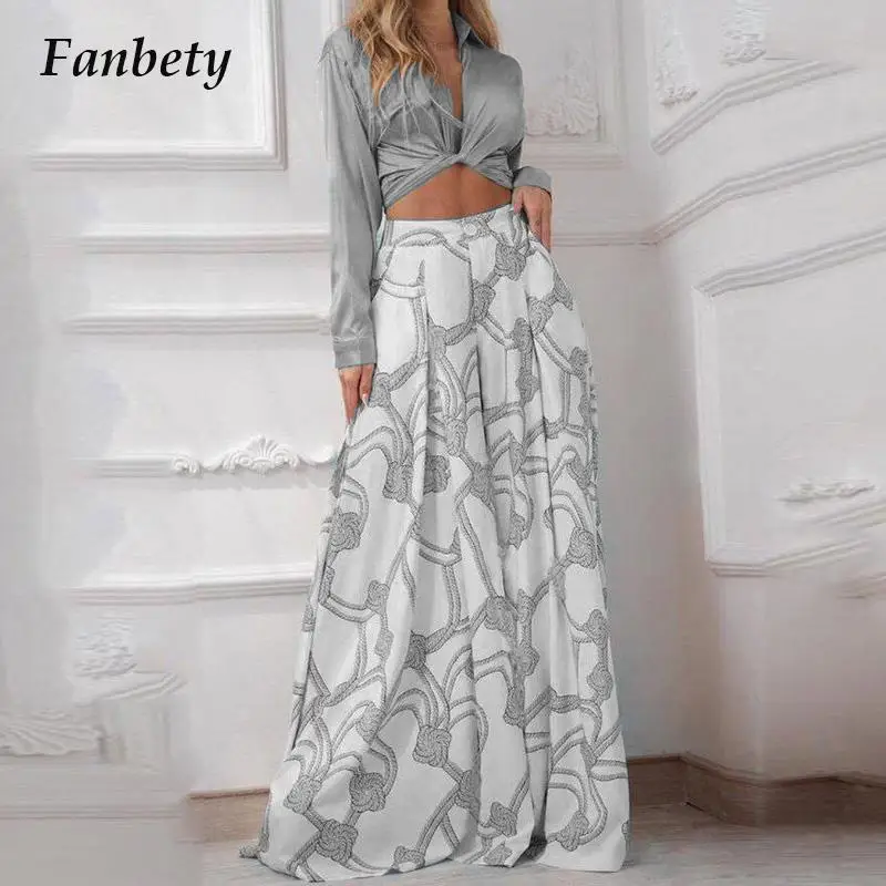 

Sexy Crop Shirt Top+Wide Leg Pants Sets Spring Ladies Lapel Long Sleeve Two Piece Set Fashion Pattern Print Women Loose Outfits