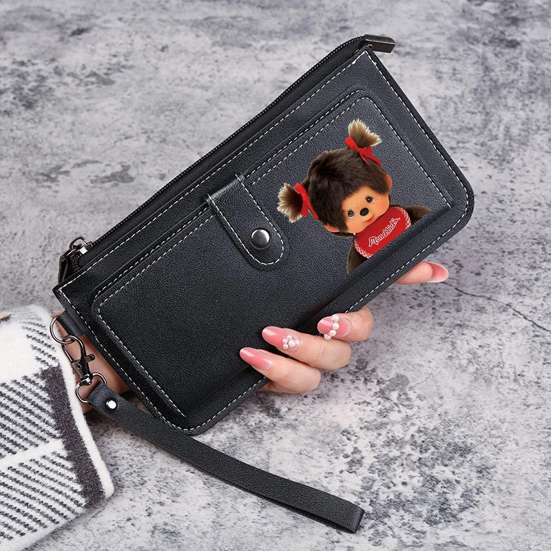 Фото Женские кошельки Monchhichi, милые кошельки Kiki с мультяшным принтом, портативная кожаная сумка для денег большой вместимости, кошелек-клатч, подарок №2