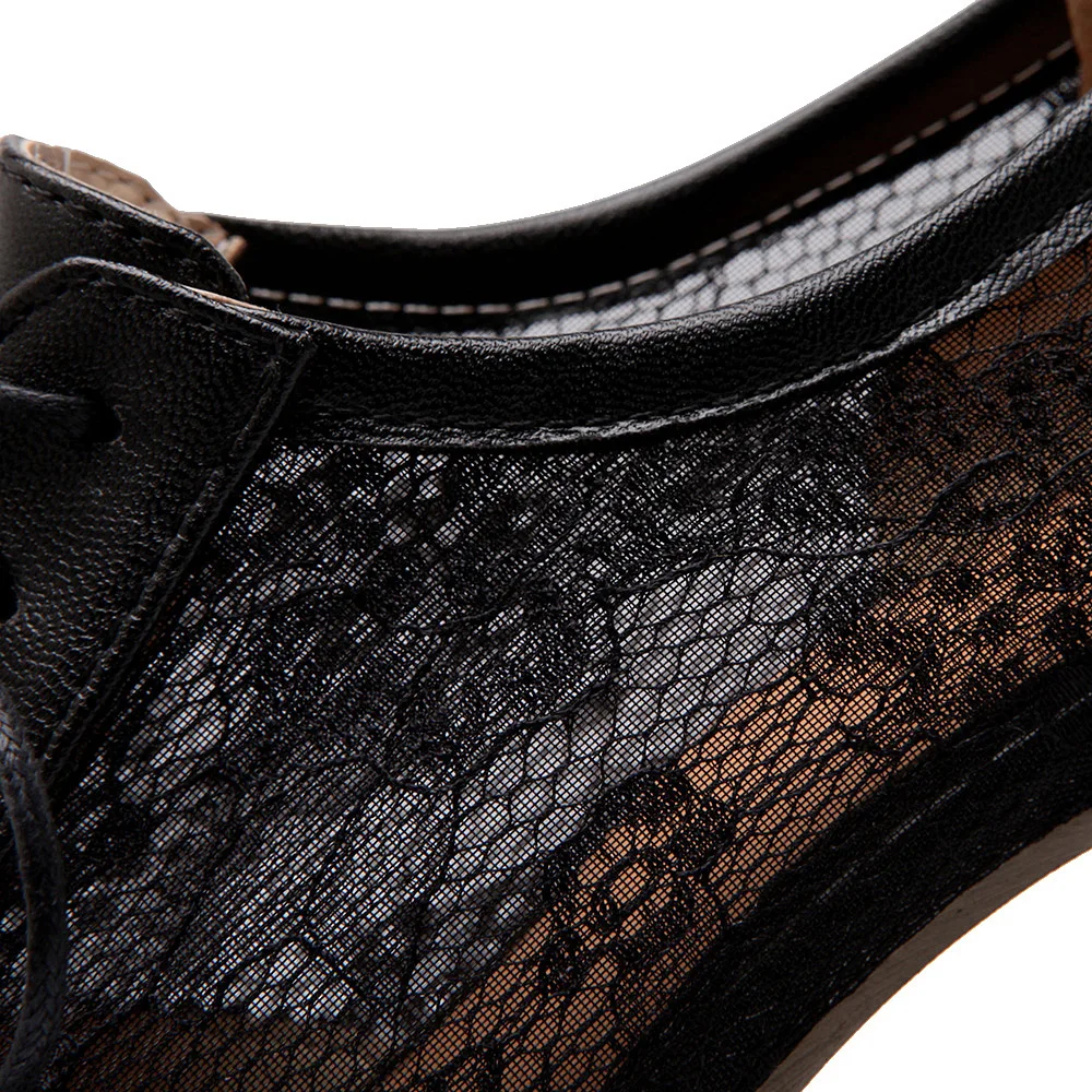 2023 New Women Lace Mesh Breathable Pumps Shallow Brogue Shoes Ladies Vintage Oxford Shoes Lace-Up Chunky High Heels Female34-43