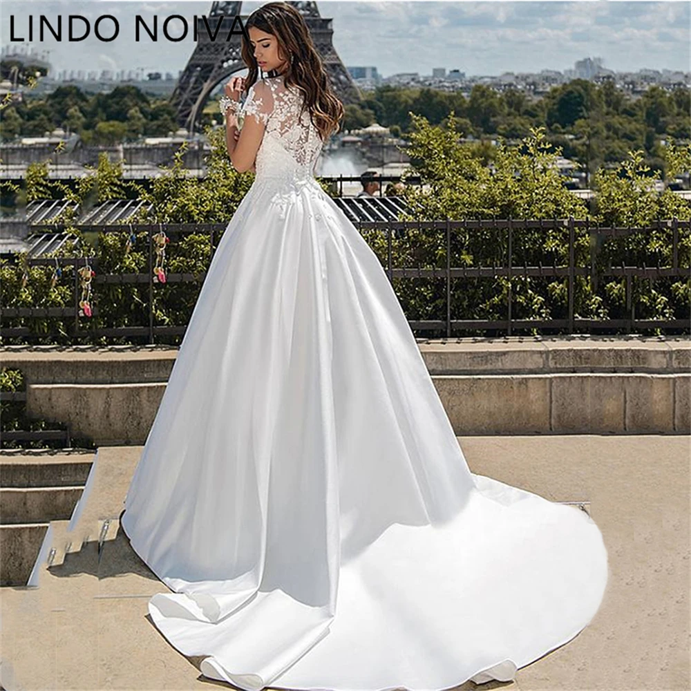 

LINDO NOIVA, атласные свадебные платья, кружевные свадебные платья без рукавов, свадебное платье с круглым вырезом, на заказ, 2023