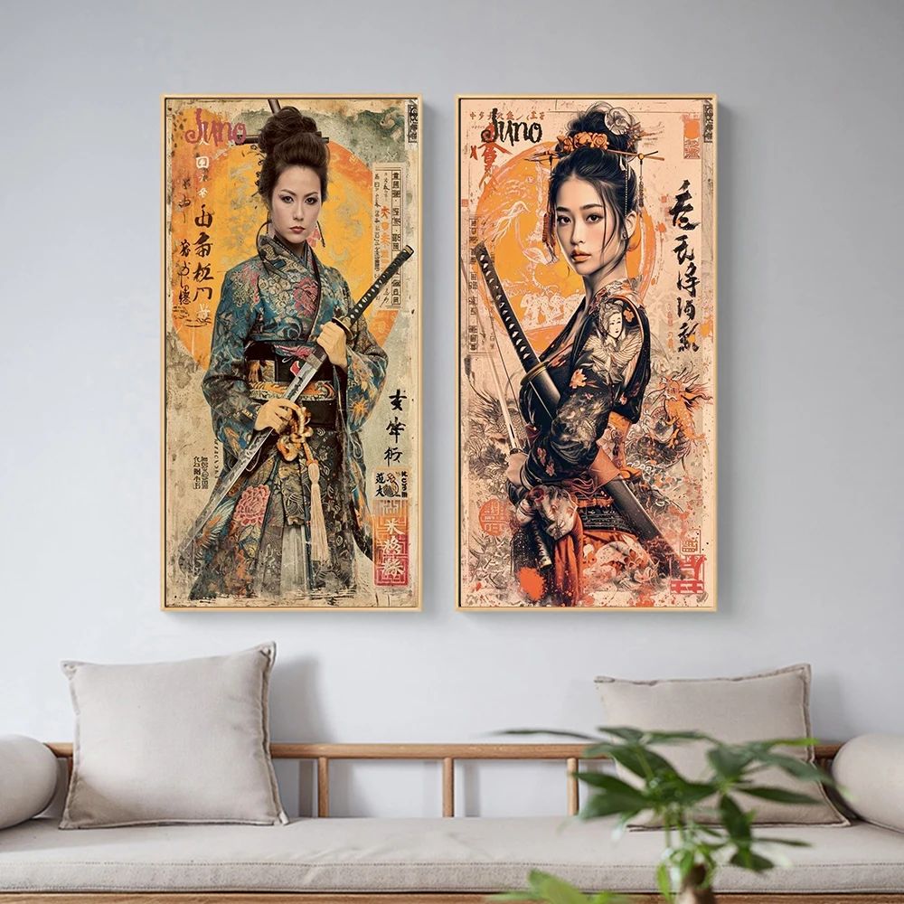 Винтажный японский постер в стиле гейши самурая