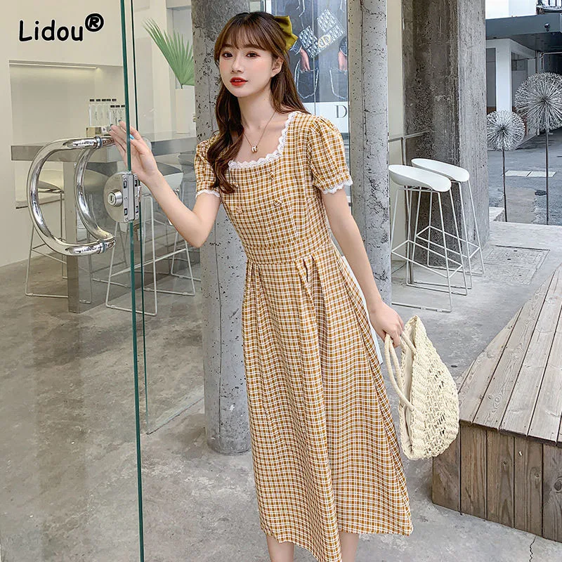 

Preppy Style Square Collar Plaid Button Brocade Mid-calf Dresses Puff Sleeve Slim Empire Summer Pullover Youth Women's Clothing