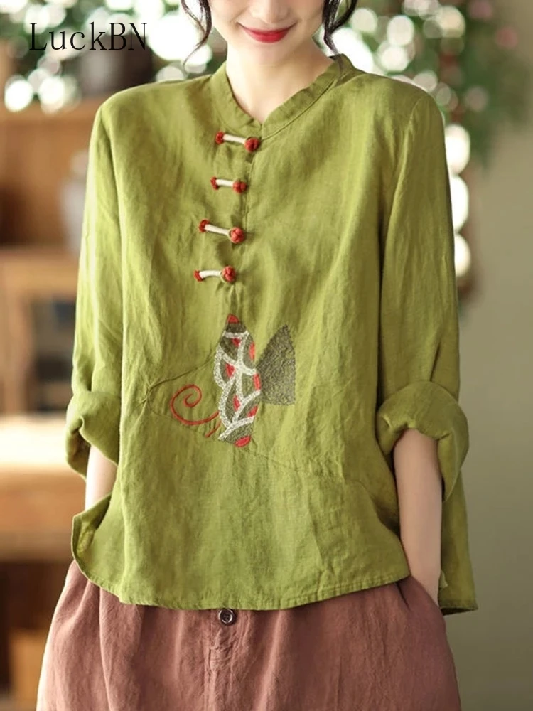 

Women Long Sleeve Casual Shirts Chinese Style Vintage Embroidery Loose Comfortable Female Cotton Linen Tops Shirt Pink New 2022