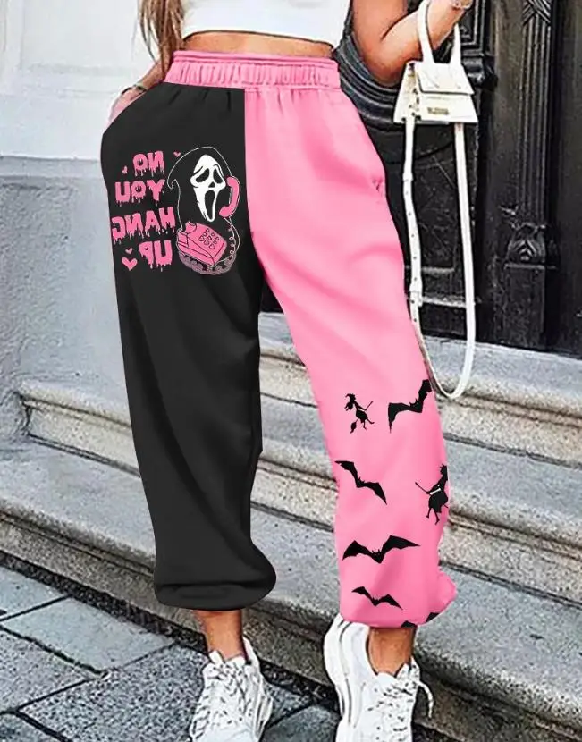 

Halloween Women's Pants 2023 Summer Fashion Graphic Print Colorblock High Waist Casual Pocket Daily Cuffed Pants Y2K Streetwear