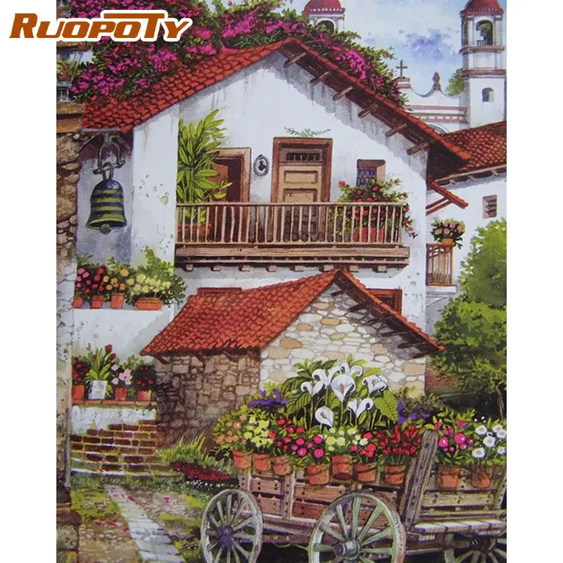 

RUOPOTY Coloring By Number Red build Kits DIY Oil Painting By Number Landscape Drawing On Canvas HandPainted Home Decoration 60x