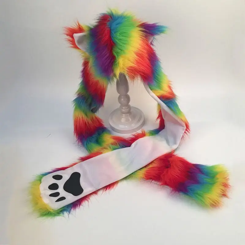 Новый стиль 3 в 1 для женщин и девочек Радуга пушистые плюшевые волчьи уши шапка с
