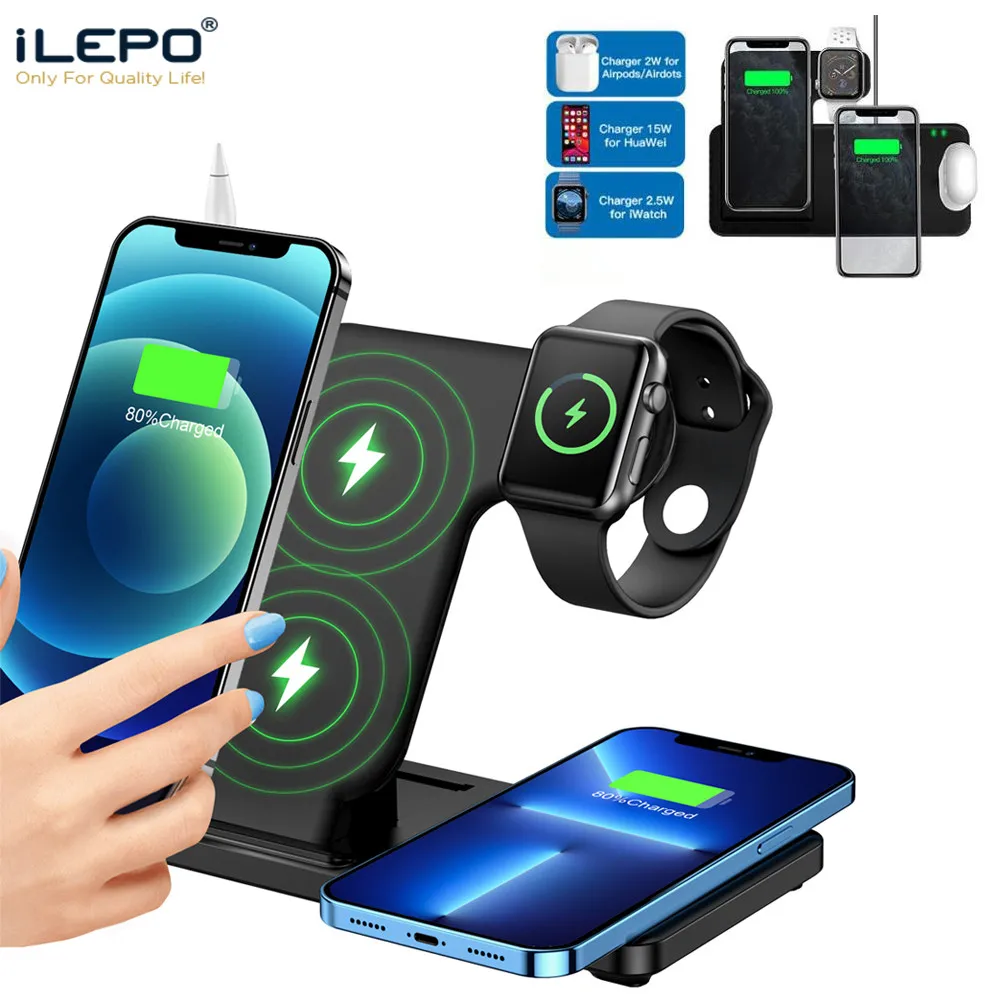 

Беспроводное зарядное устройство iLEPO 5 в 1 Qi зарядная док-станция для iPhone 13 12 11 Pro XS MAX XR Apple Watch 7 6 5 AirPods Pro