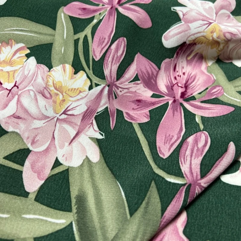 

Plant Fiber Printed Fabric Green Background Flowers Breathable Summer Clothing New Dress Fabric