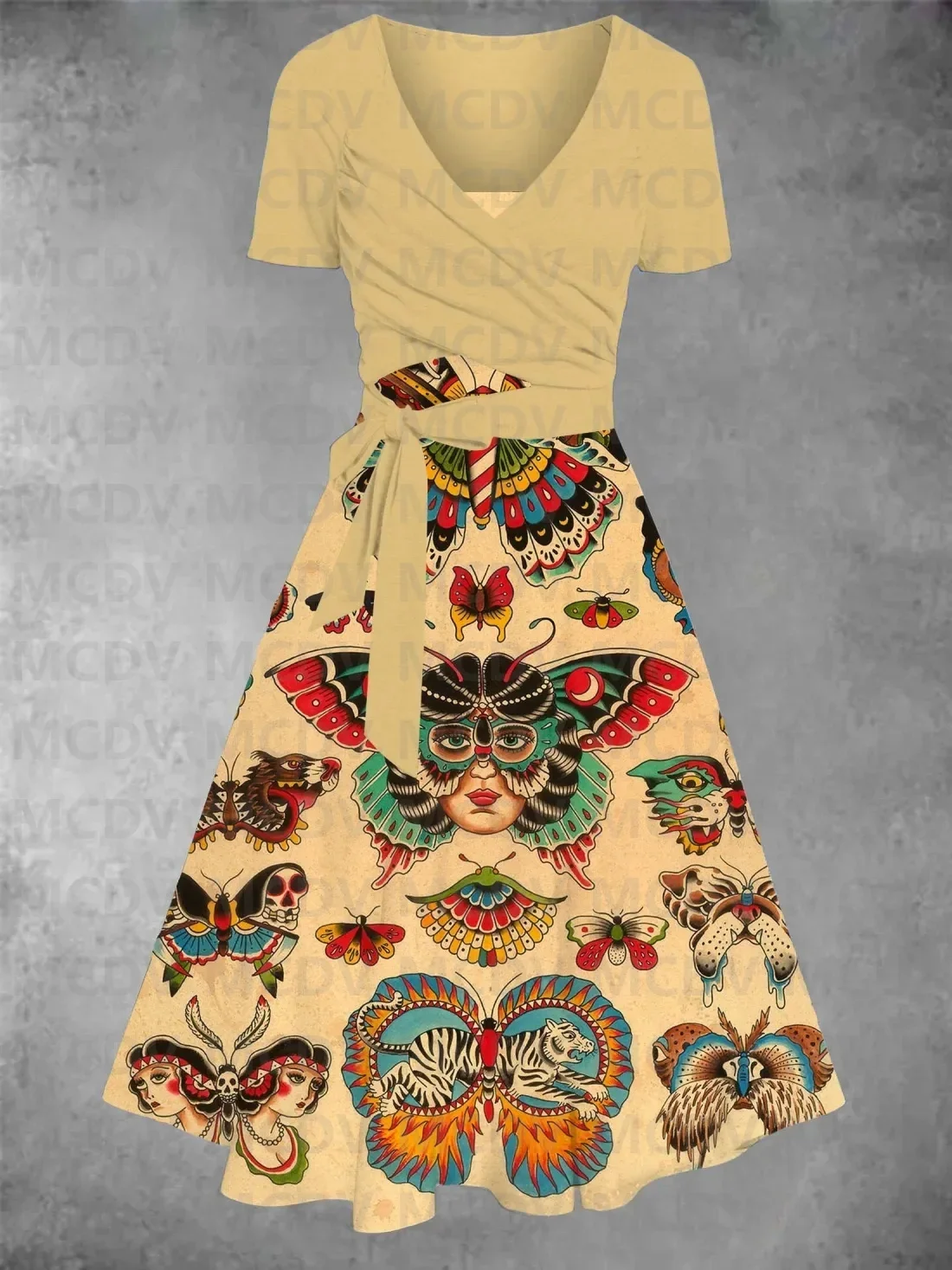 Женское старое школьное платье из двух частей с принтом татуировок