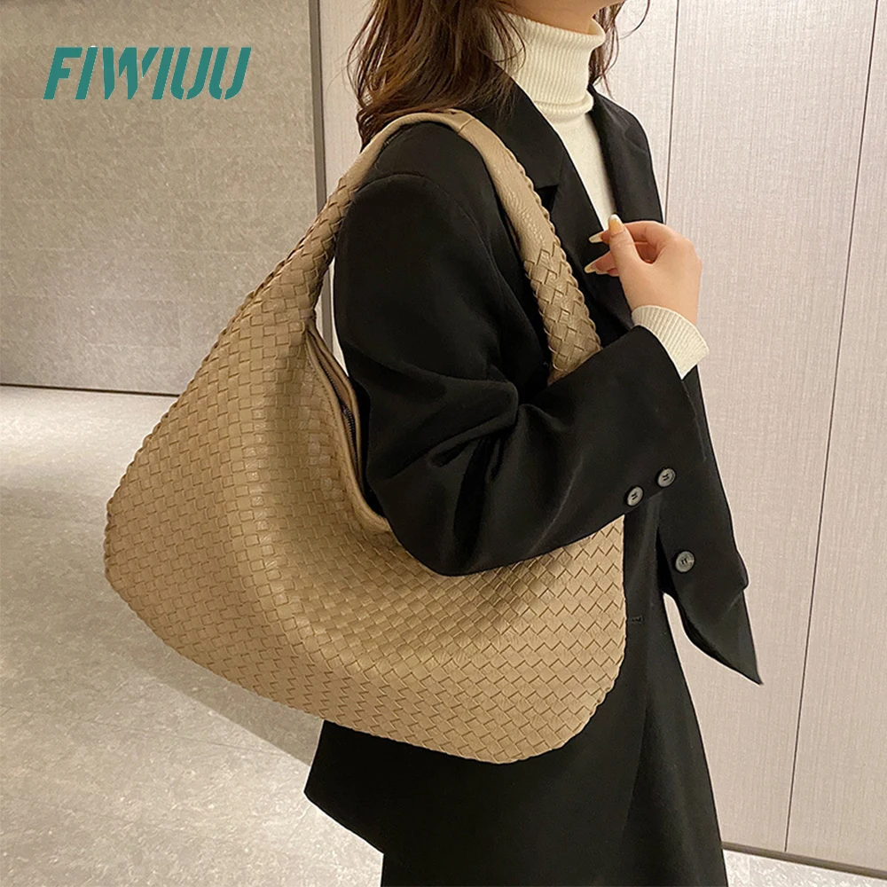 FIWIUU Woven Hobo Women Top-handle Shoulder Bags Knitting Large Capacity Shopping Dumplings Bag Casual Underarm Handbags Purses