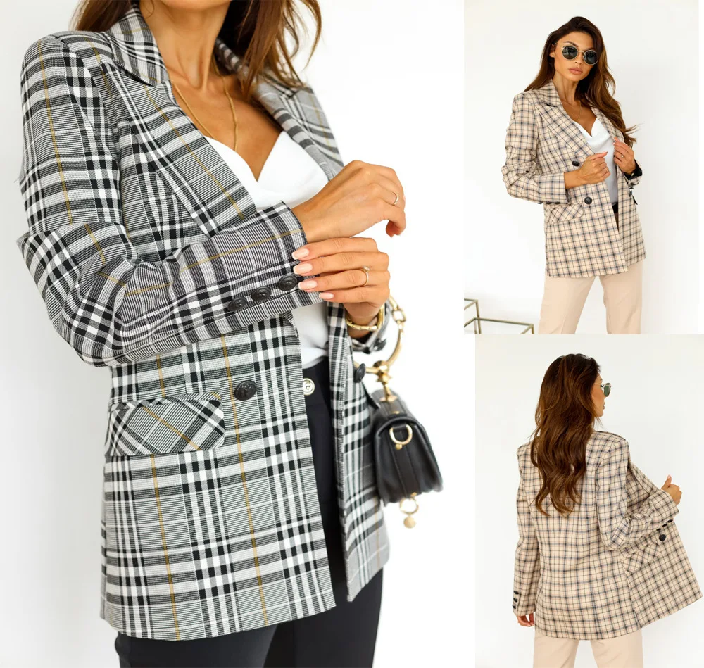 

Женский двубортный клетчатый костюм, свободная повседневная офисная куртка большого размера в стиле ретро, одежда для осени