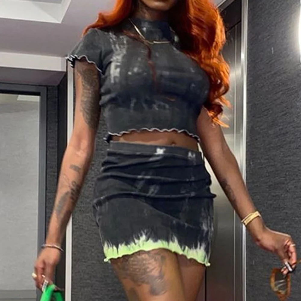 

Fashion Summer Set for Female Sexy Short Sleeve Top and Pencil Skirt 2 Piece Vestidos Slim Tie Dye Print Fit Stretch Dress Y2k