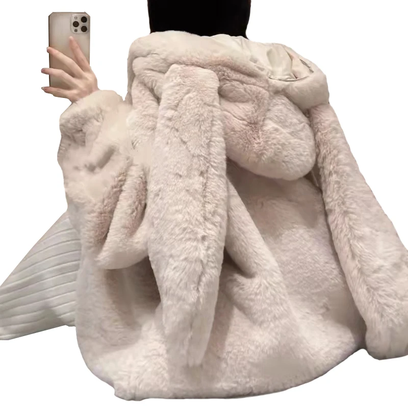 Sweet Loose Faux Fur Jacket for Women 2022 Winter New Woman Cute Rabbit Ear Soft Fur Thickened Long Sleeve Hooded Plush Coat