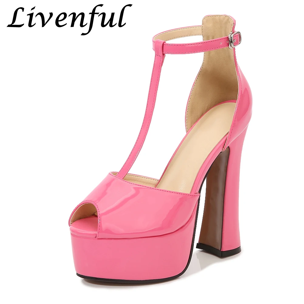 

Женские розовые сандалии на платформе и очень высоком каблуке 14 см с ремешком на щиколотке