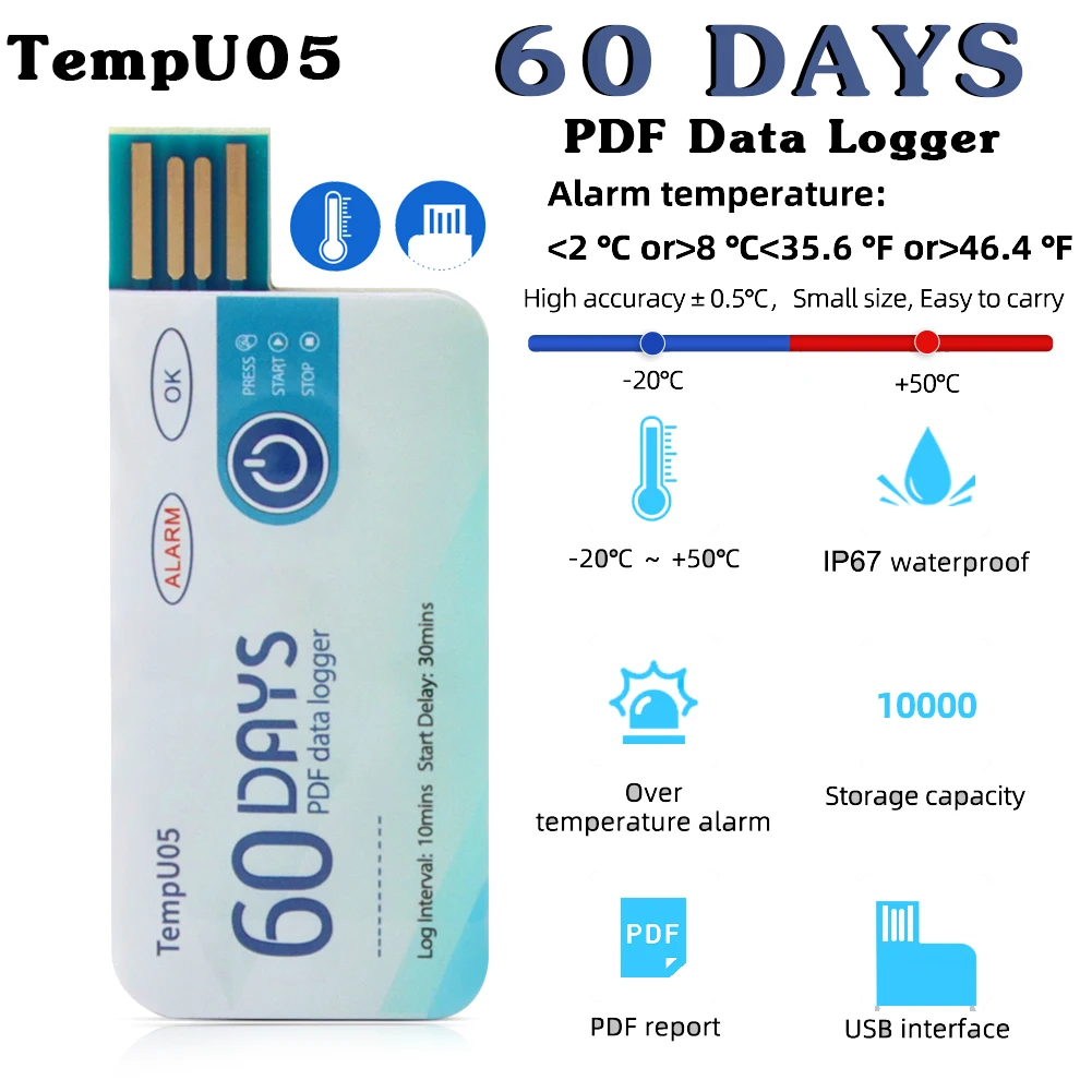 

TempU05 Temperature Data Logger 60 Days PDF Report Disposable Single Use USB Temperature Recorder Temperature Record Instrument