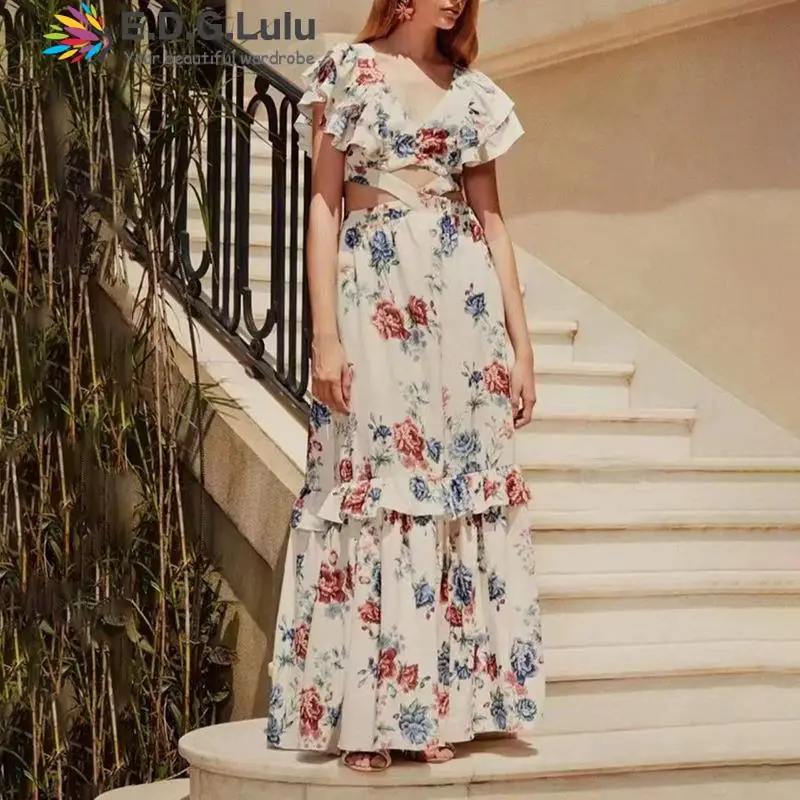 

EDGLuLu Summer V-neck Short Sleeve Floral Maxi Dress For Woman 2021 Robe Sexy High Waist Hollow Beach Bohemia Long Dress 0530