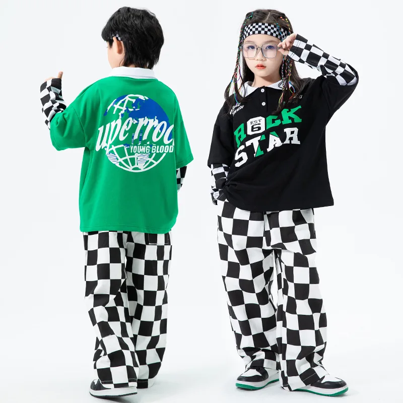 

Baby Hip Hop Clothing Boys Girls Streetwear Fashion Dance Costume Children Sets Plaid Long Sleeve Tshirt Pants Tracksuit for Kid