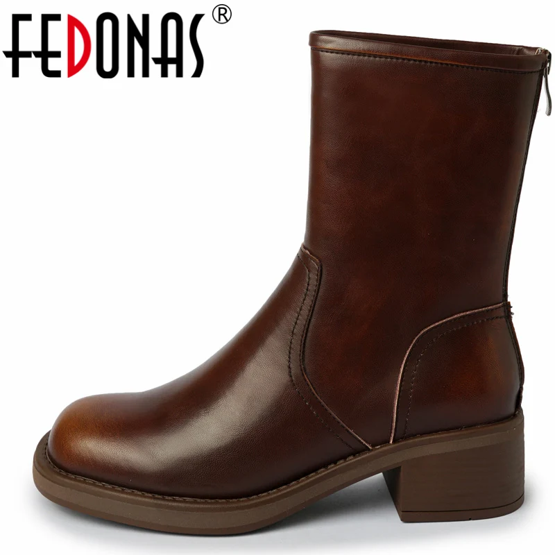 

Женские ботинки на толстых высоких каблуках FEDONAS, черные короткие сапоги с круглым носком, Повседневная Уличная обувь из натуральной кожи на осень и зиму 2023