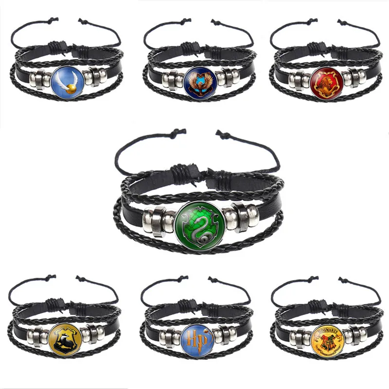 

Harriese Magician Boy Beaded Leather Bracelets Hogwart Potter School of Witchcraft Badge Time Gem Jewelry Making Gift for Friend