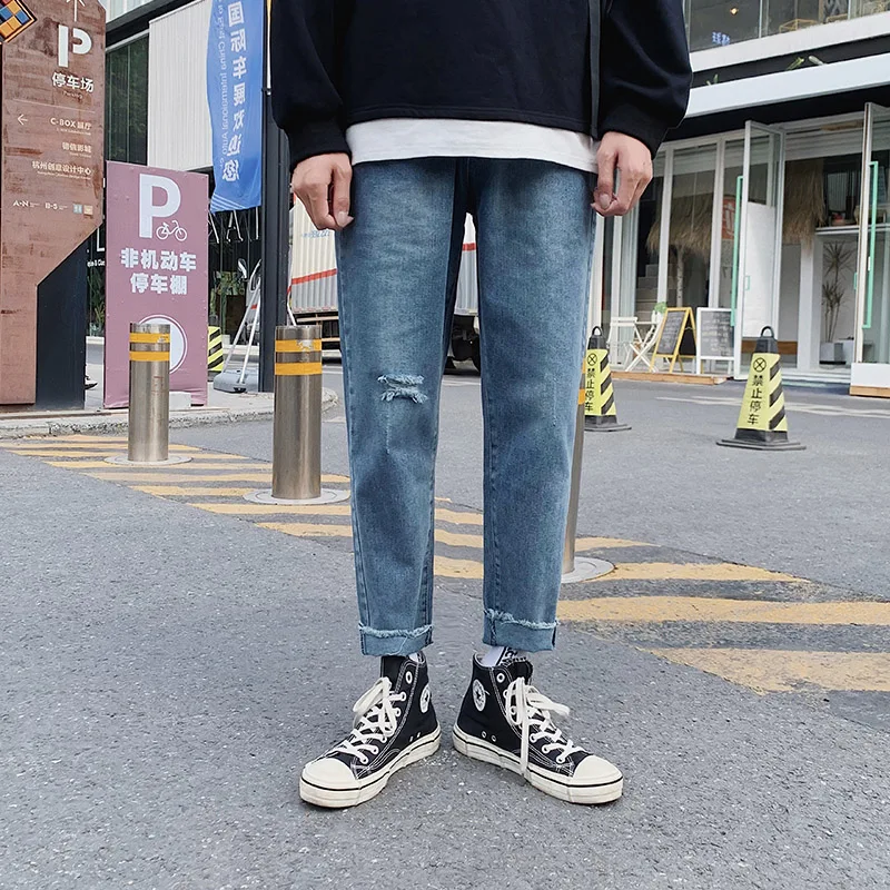 Summer Slim Fit Jeans for Mens Streetwear Korean Designer Regular Distressed Denim Slim Homme Pants Hip Hop Hole Jeans Trousers