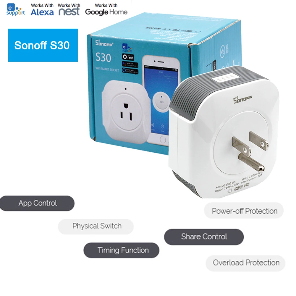 

Sonoff S30 Wifi Smart Plug Power Socket US Wireless Switch Remote Control Wall for Smart Home AC110-125V 15A ( US Version )