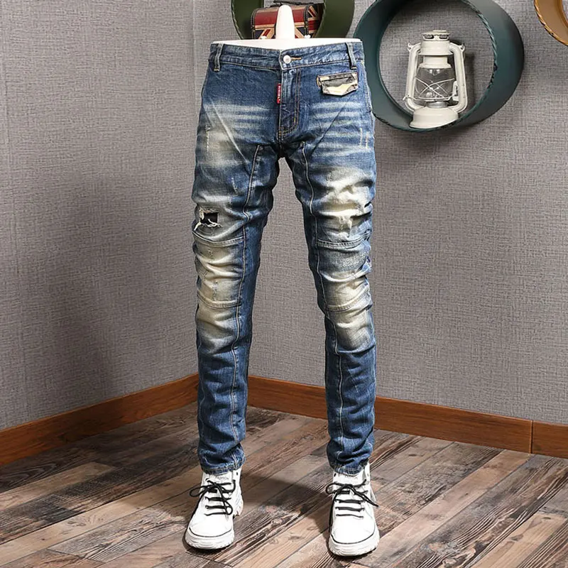 Fashion Streetwear Men Jeans Retro Washed Blue Elastic Slim Fit Ripped Jeans Spliced Designer Hip Hop Denim Biker Pants Hombre