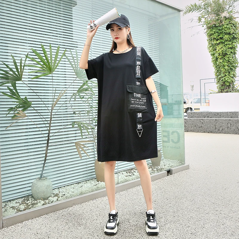 

230451 Harajuku Style T-shirt Dress Women Korea 2023 Summer New Personality Fashion Loose O-neck Short Sleeve Knee-length Dress