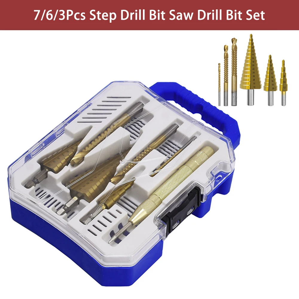 

7Pcs Step Drill Bit Saw Drill Set Center Punch Titanium Milling Cutter 4-12 4-20 4-32mm 3 6 8mm Woodwork Metal Core Hole Opener