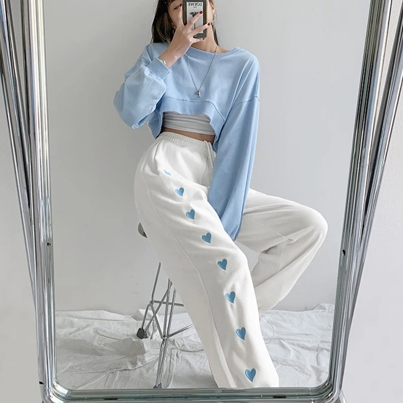 

Women's High Waist Pants Straight Trousers Harajuku Solid Sweet Heart Embroidered Loose Casual Drawstring Plus Size Pantalon new