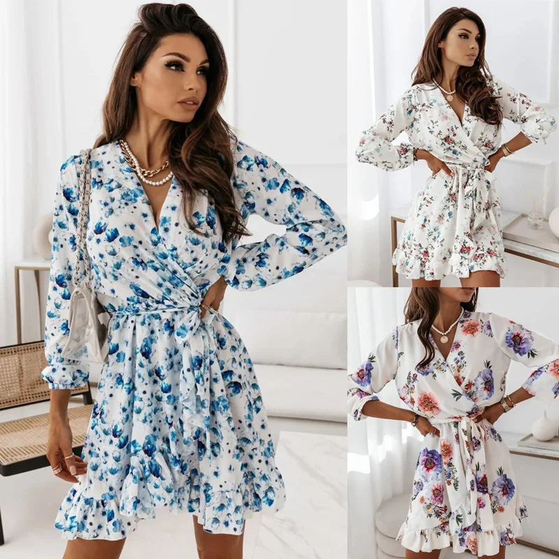 

Sexy V-neck long-sleeved autumn new fashion irregular ruffle print women's dresses simple lace-up waist slim knee-length skirt