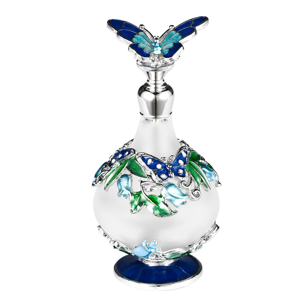 

25ml Vintage Blue Butterfly Empty Perfume Bottle Crystal Antique Glass & Metal Refillable Bottles Home Wedding Decor Lady's Gift