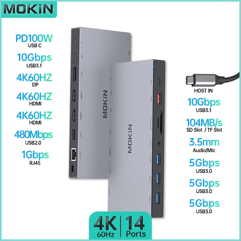 

Док-станция MOKiN 14 в 1 для MacBook Air/Pro, iPad, ноутбука Thunderbolt | USB3.1, HDMI 4K60 Гц, PD 100 Вт, RJ45 1 Гбит/с, аудио