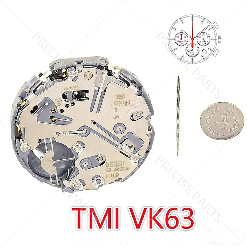 Фото Механизм TMI Vk63, японский кварцевый механизм, три стрелки с тремя индексами и датой, малый хронограф, секундная и минутная стрелки, 24-часовой формат, Vk63 №2