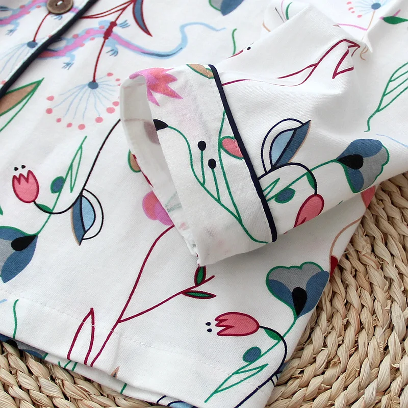 Ladies Pure Cotton Simple Floral Loose Pajamas Cover Printing Long-sleeved Home Service Two-piece Set Pyjamas Women
