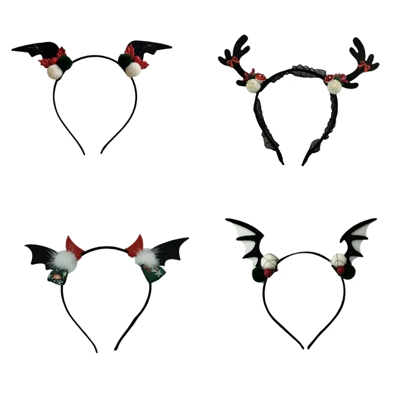 

28TF Christmas Deer Horn Headband Hair Hoop Headband Antlers Devil Wing Headband