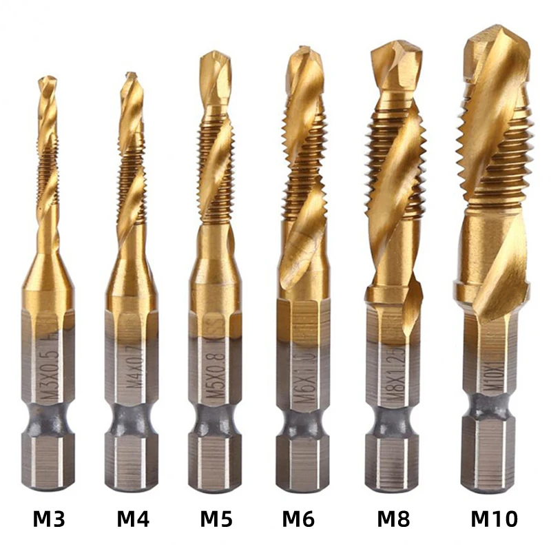 

1/6pcs M3 M4 M5 M6 M8 M10 Titanium Plated Hex Shank HSS Tap Drill Bit Metric Screw Thread Compound Tap Drill Machine Hand Tools