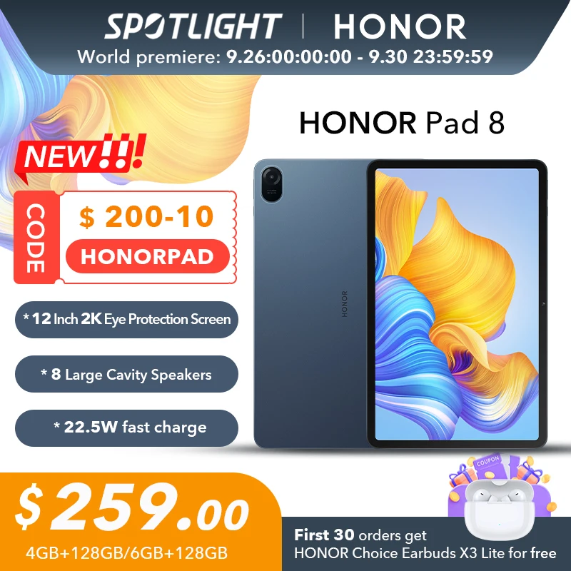  Global Version HONOR Pad 8 12 Inch 2K Eye Protection Screen 128GB Octa-core 8 Speakers 22.5W Super Charging Ultra-thin Tablet 