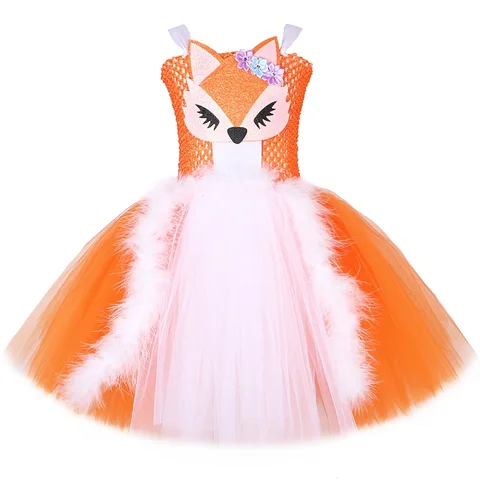 Платье-пачка для девочек, ярко-оранжевое платье с белой лисой, карнавальные наряды, косплей с животными, костюм на Хэллоуин, детская одежда
