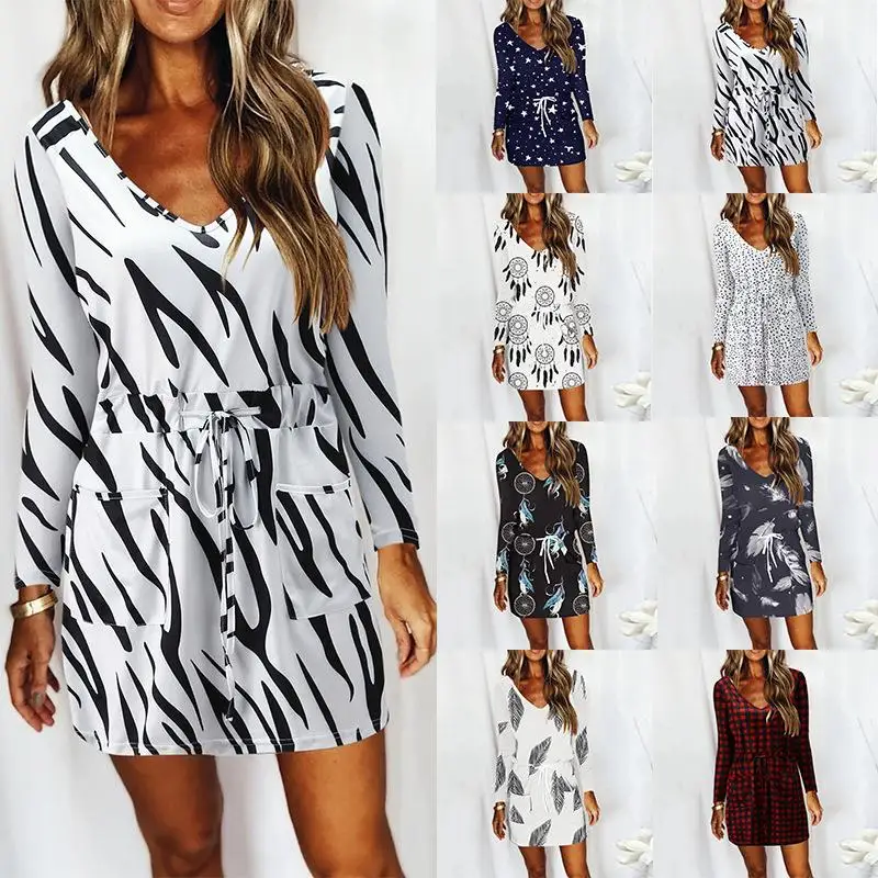 

Woman's Sexy Mini Skirts Summer Drawstring Feather Print Ladies Dress V-Neck Long Sleeve Loose Pocket Short Dress Famale Clothes