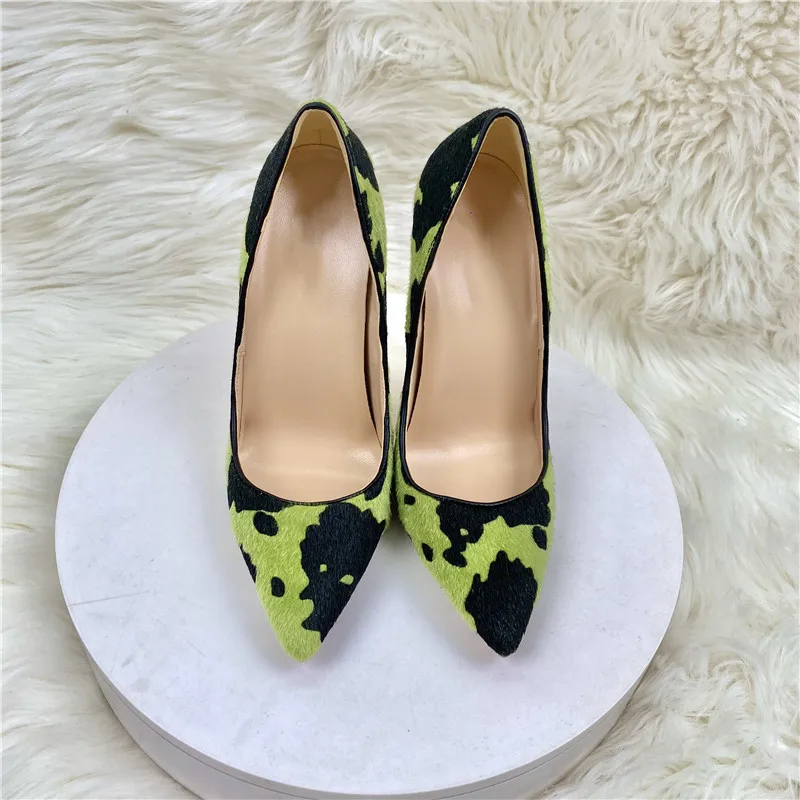 Tikicup Hairy Grafitti Pattern Women Green Pointy Toe High Heel Shoes Unique Design Sexy Slip On Stiletto Pumps Plus Size 33-45
