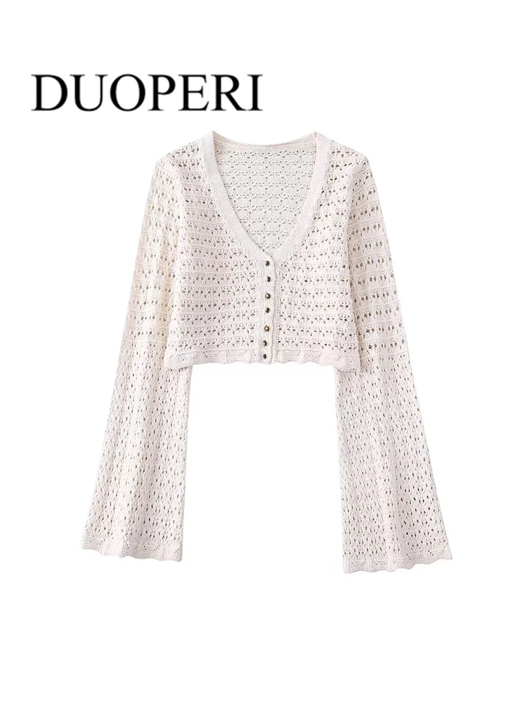 

DUOPERI Women Fashion Hollow Out Knitted Sweater Cardigan Vintage Single Breasted Long Flare Sleeves Female Chic Outfits