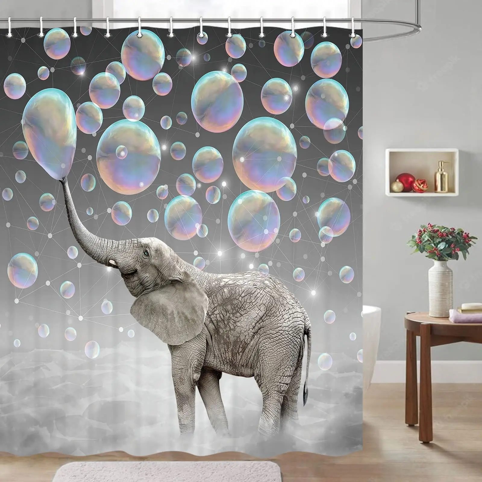 

Funny Elephant Shower Curtain,Cute Blowing Bubbles Elephant Bathroom Curtains Set Waterproof Durable Polyester Fabric with Hooks