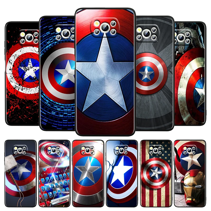 

Captain America shield Marvel For Xiaomi Poco M4 X3 F3 GT NFC M3 C3 M2 F2 F1 X2 Pro Mi Mix3 Silicone Black Phone Case Coque Capa