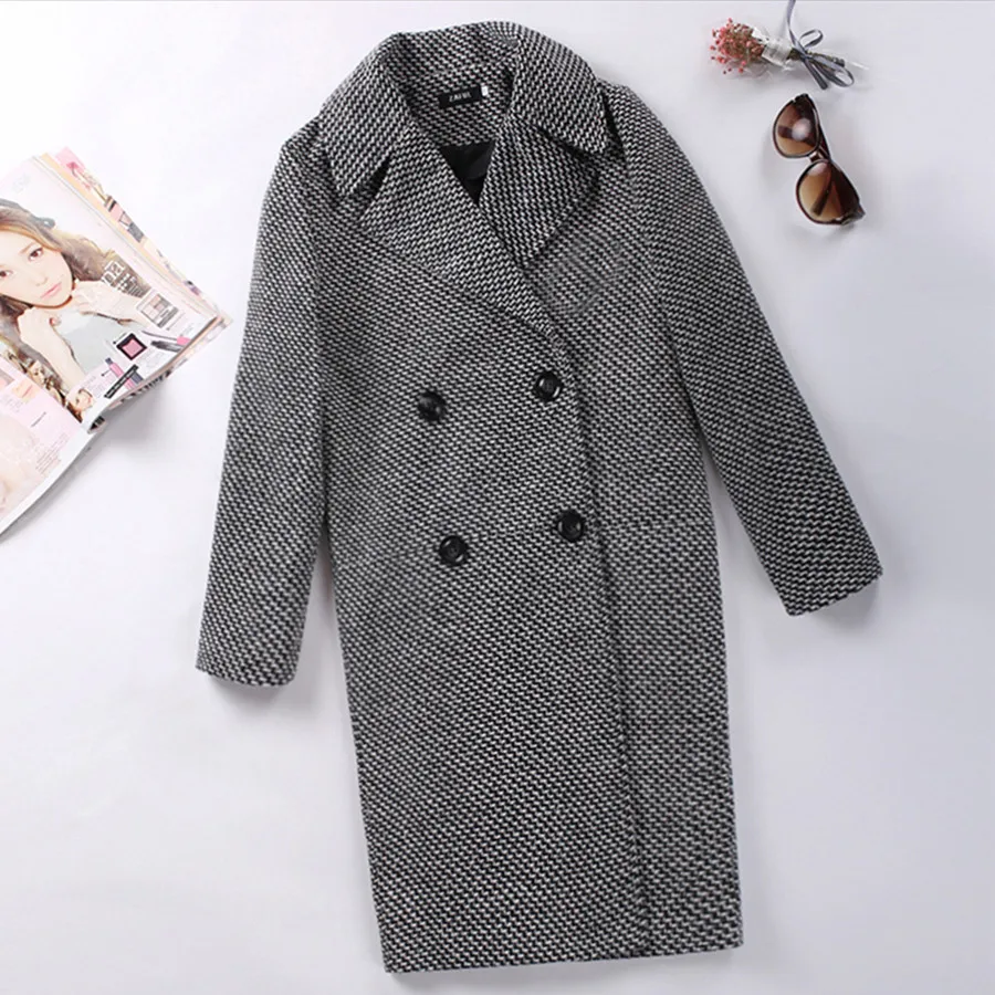 

Female Streetwear Plaid Woolen Coat Thick Warm Autumn Winter 2022 New Korean Jacket Office Women Loose Overcoat Grey Long Coat