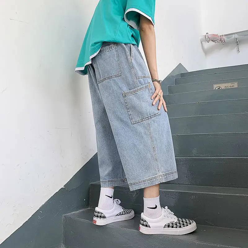 Men Loose Pants Couple Pants All-match Wide-leg Women Cropped Jeans Overalls Teen Casual Trousers For Boys Clothes Summer 2022