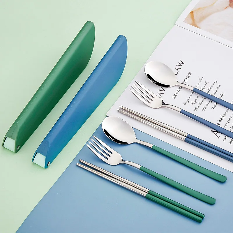 304 stainless steel 3pcs tableware set paint chopsticks spoon one person tableware outdoor portable tableware storage box