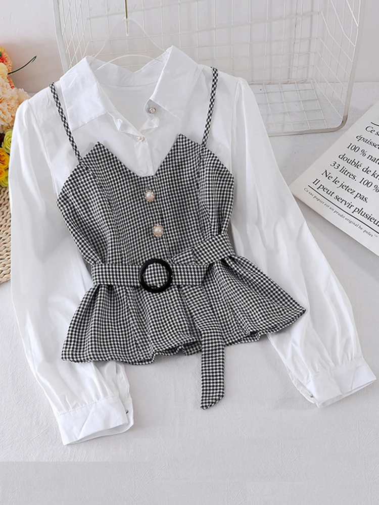 

Spring Autumn Women's Shirt Korean Striped Suspender Solid Color Long-Sleeved Blouse New Fake Two-Piece Tops LL830
