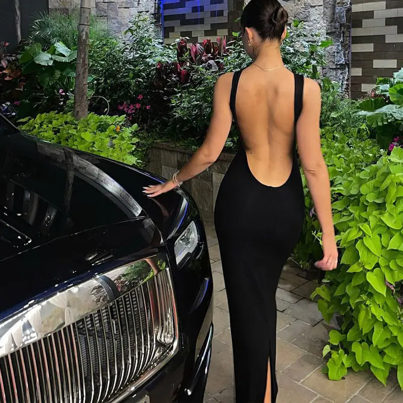 

European and American temperament backless round neck solid color bag hip slit long skirt female high-end sexy slim slim dress