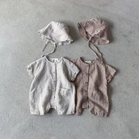 2022 summer new baby short sleeve romper cotton linen infant breathable jumpsuit for boy girl solid newborn toddler clothes